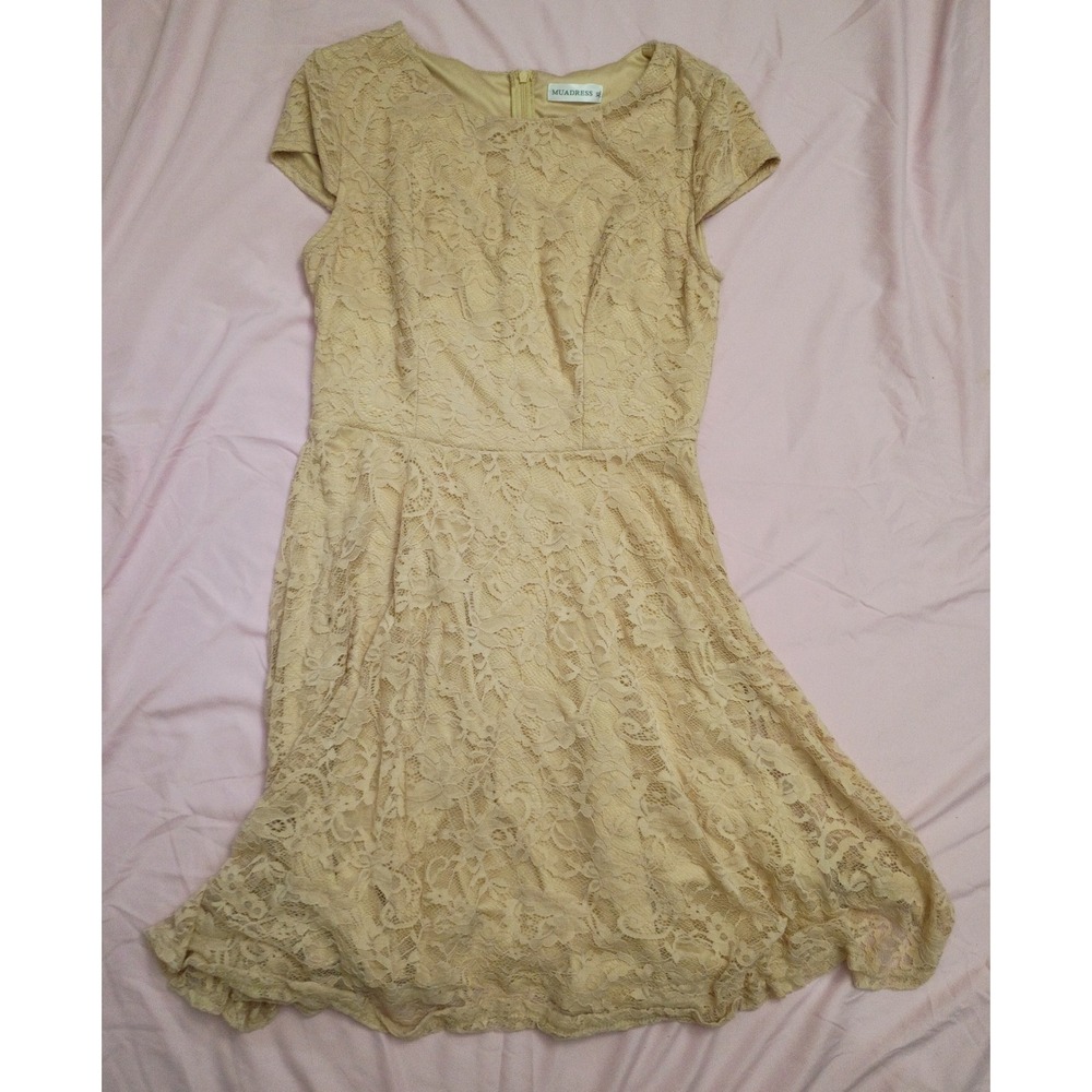 Muadress Womens XL Beige Floral Lace Short Sleeve Fit and Flare Cocktail Dress